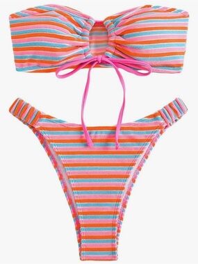 NWOT Falainetee Striped Ribbed Bandeau Bikini Set High Waist Pink Orange Blue M